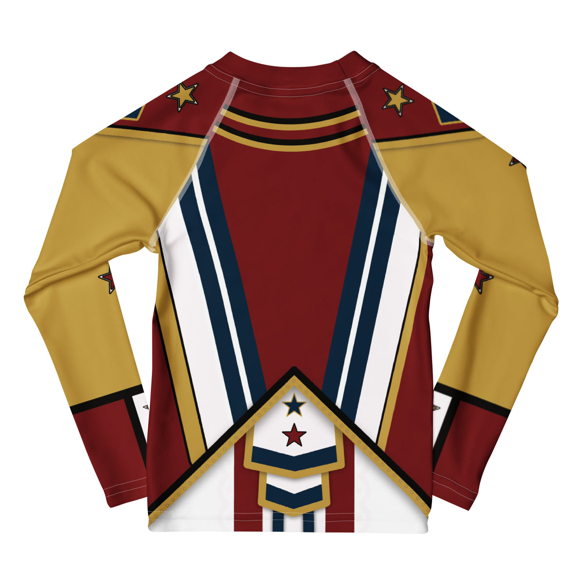 Back of the Drum Major kids rash guard - crimson with navy and white stripes and a pointed star chevron tail