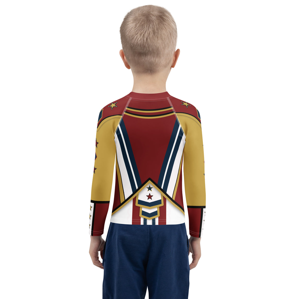 Child wearing the Drum Major kids rash guard, back view with navy stripes and star chevron
