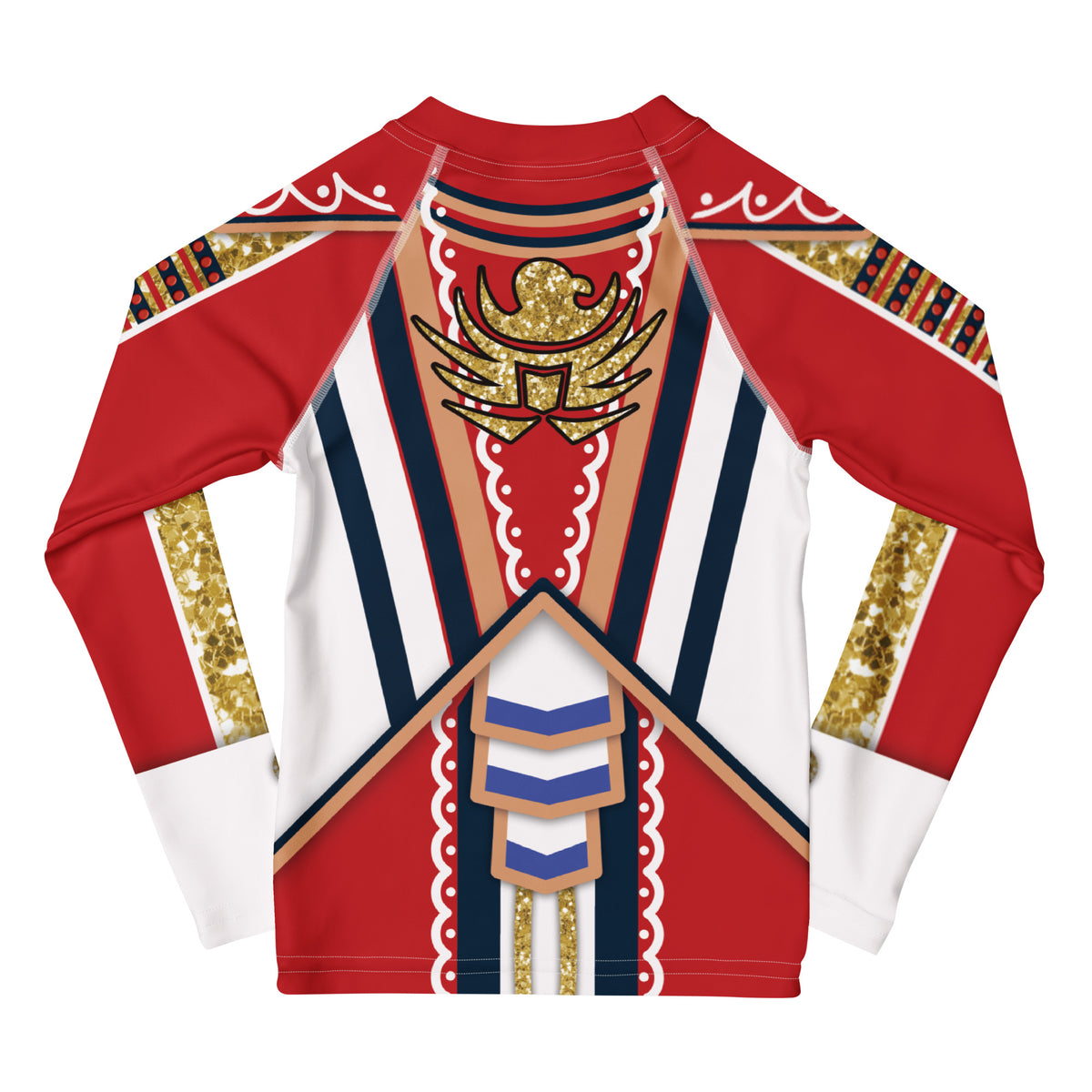 Kids White Circus wrestling rash guard, back - gold eagle emblem and navy chevron