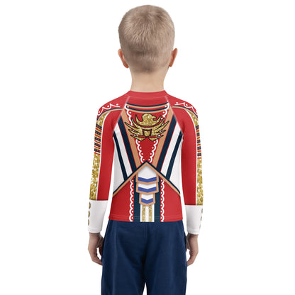 Kids White Circus wrestling rash guard, back view