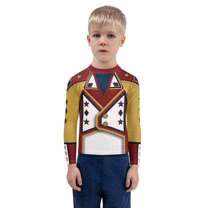 Child wearing a kids wrestling costume rash guard in crimson and gold with a white star-print waistcoat front - Drum Major design, BillingtonPix