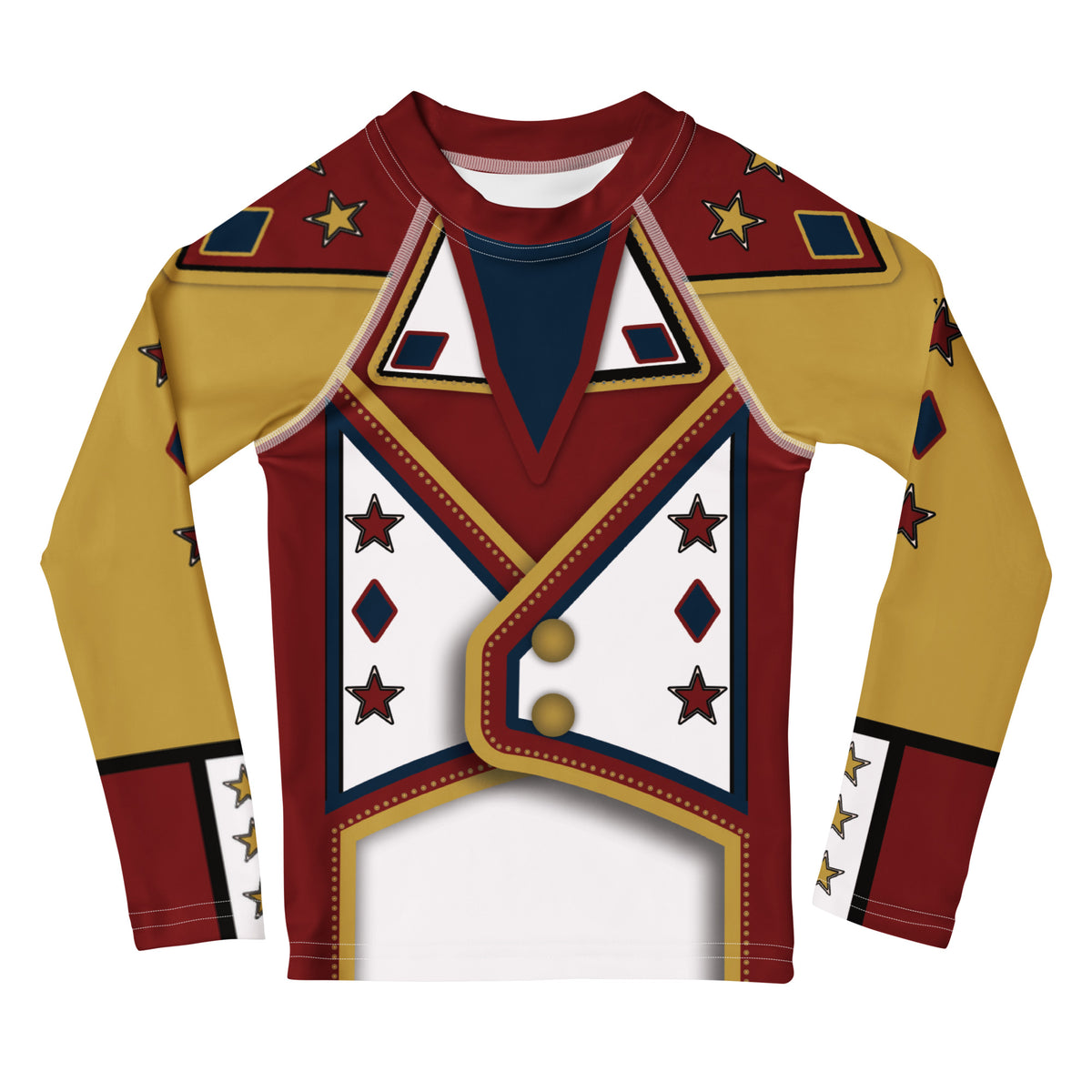 Front of the Drum Major kids rash guard - gold sleeves, crimson parade-jacket print, red stars, navy diamonds and two gold buttons