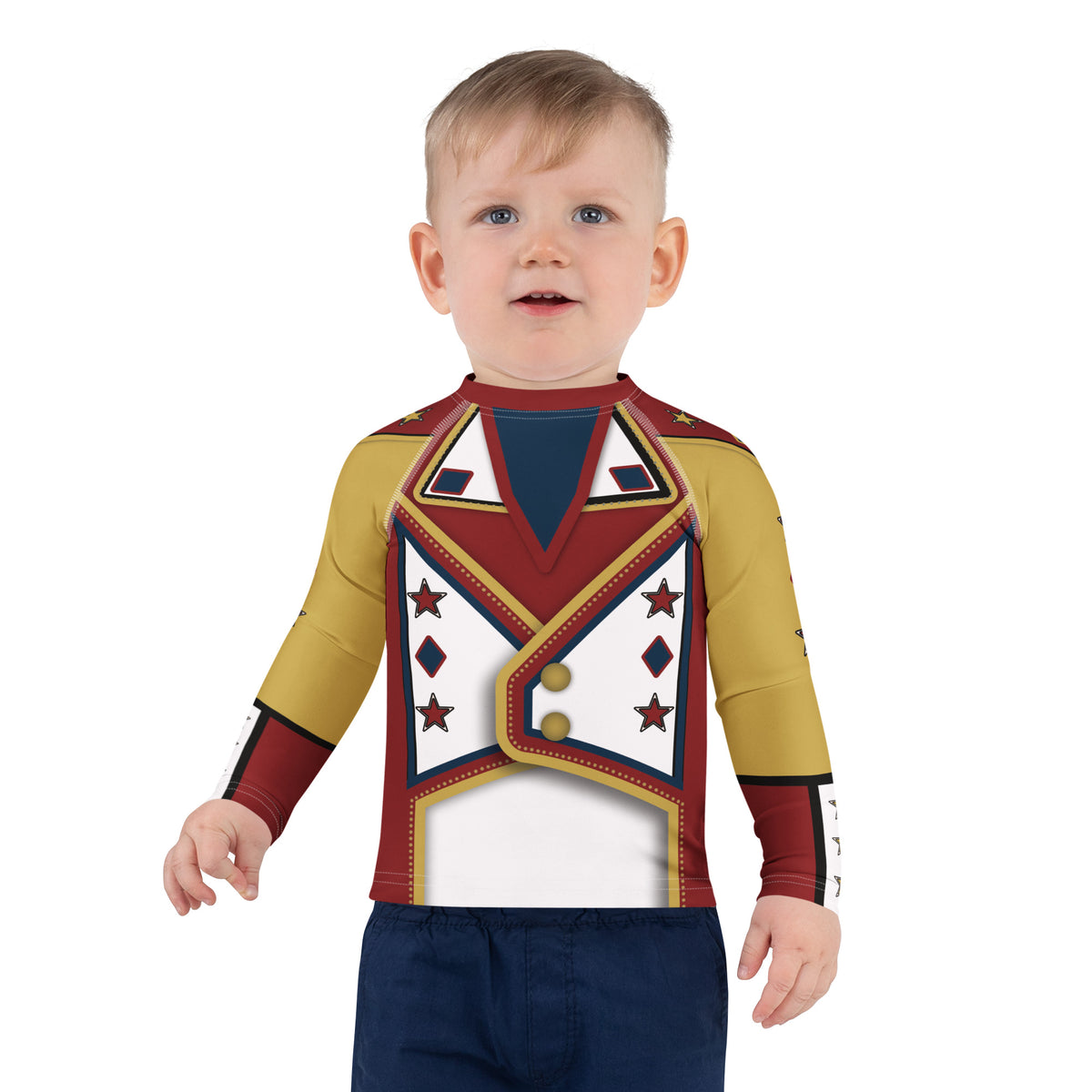Toddler in the red and gold Drum Major kids wrestling rash guard, front view