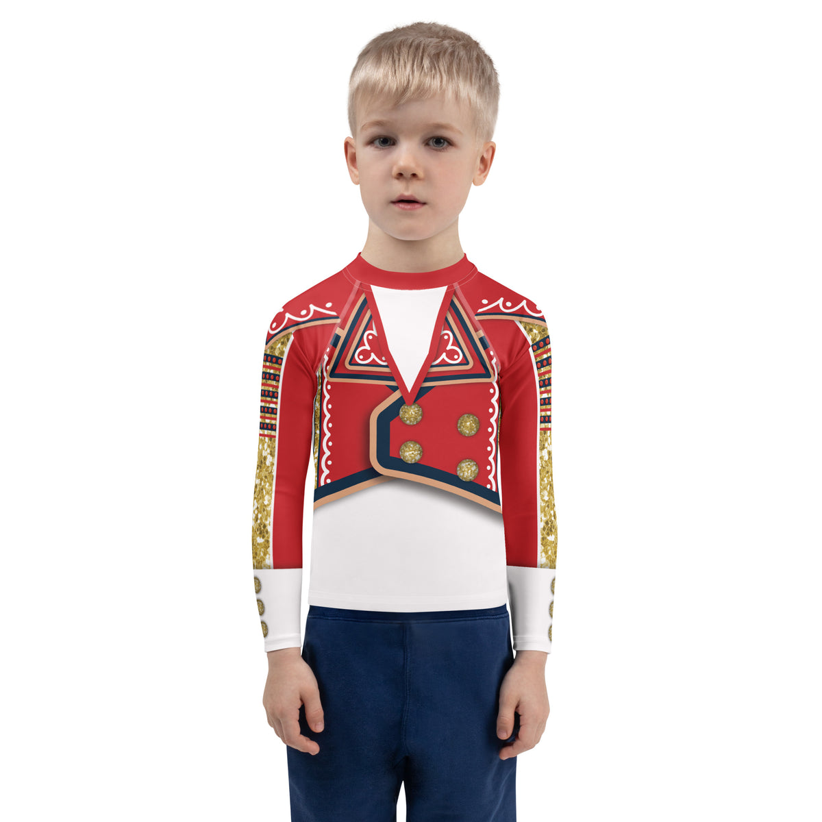 Kids White Circus wrestling rash guard in red, gold and white, front, worn - BillingtonPix