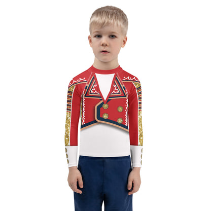 Kids White Circus wrestling rash guard in red, gold and white, front, worn - BillingtonPix