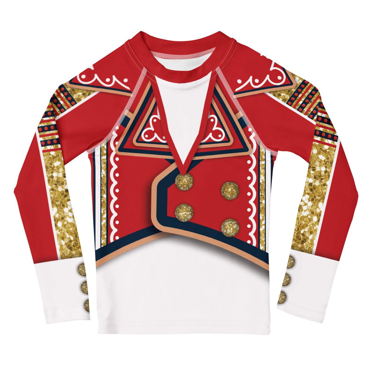 Kids White Circus wrestling rash guard, front - red jacket print, gold buttons and white shirt front