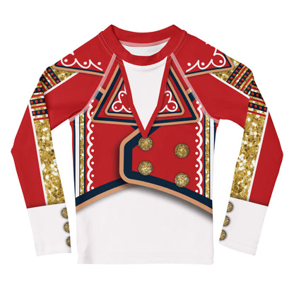 Kids White Circus wrestling rash guard, front - red jacket print, gold buttons and white shirt front