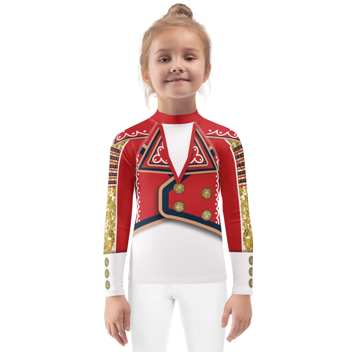 Kids White Circus wrestling rash guard, front, worn by a younger child