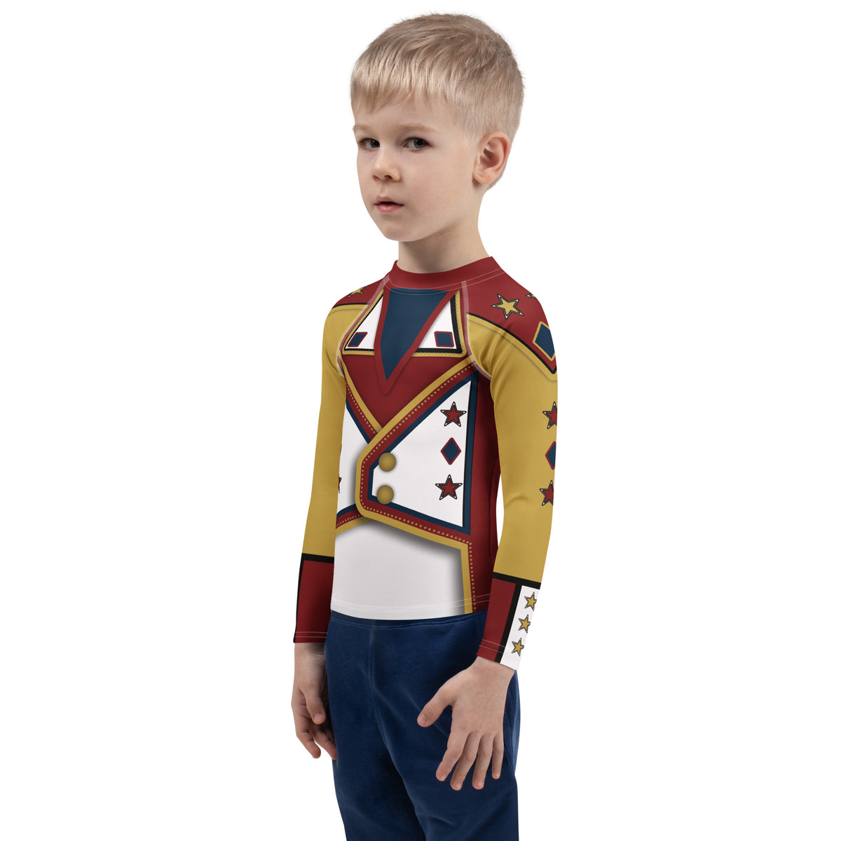 Child in the Drum Major kids wrestling rash guard, three-quarter view showing gold sleeves and starred cuffs