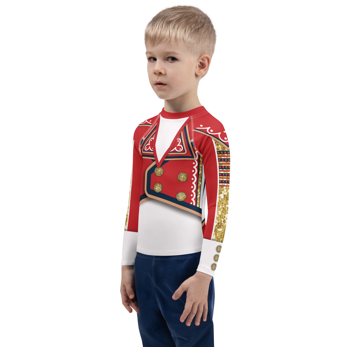 Kids White Circus wrestling rash guard, left side - gold glitter-effect sleeve panel