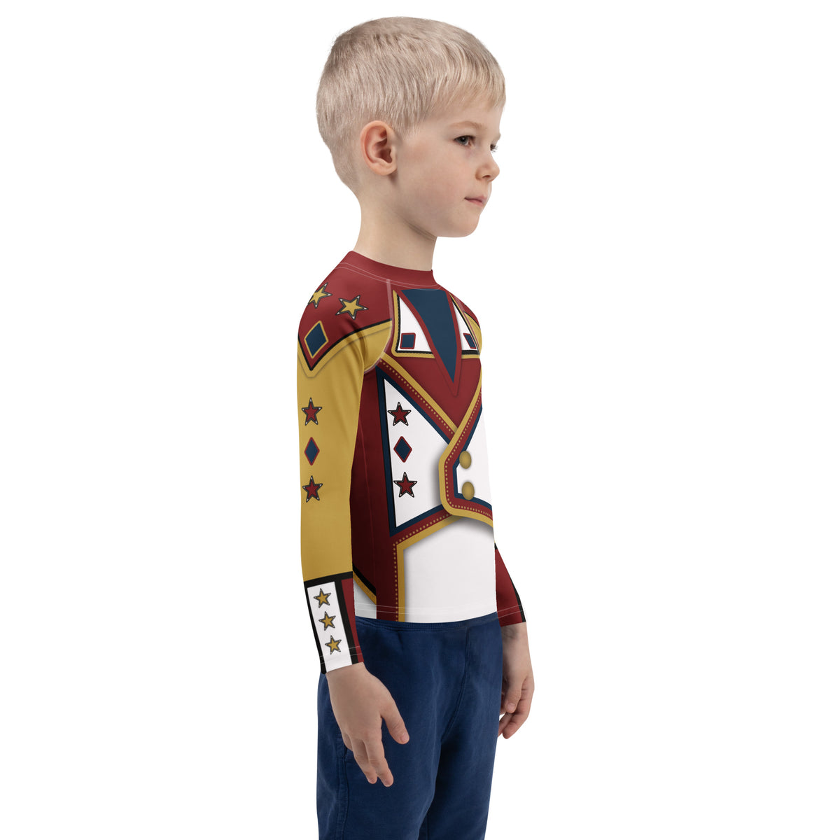 Side view of a child wearing the crimson and gold Drum Major kids rash guard with stars down the sleeve