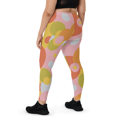 grrovy 60s style leggings for women in soft pastel tones of pink, orange, lime green. Circular geometric patterned meggs for women.