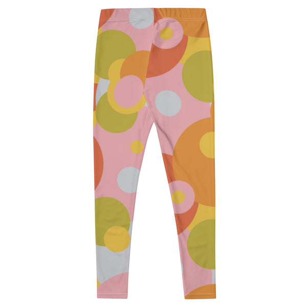 grrovy 60s style leggings for women in soft pastel tones of pink, orange, lime green. Circular geometric patterned meggs for women.