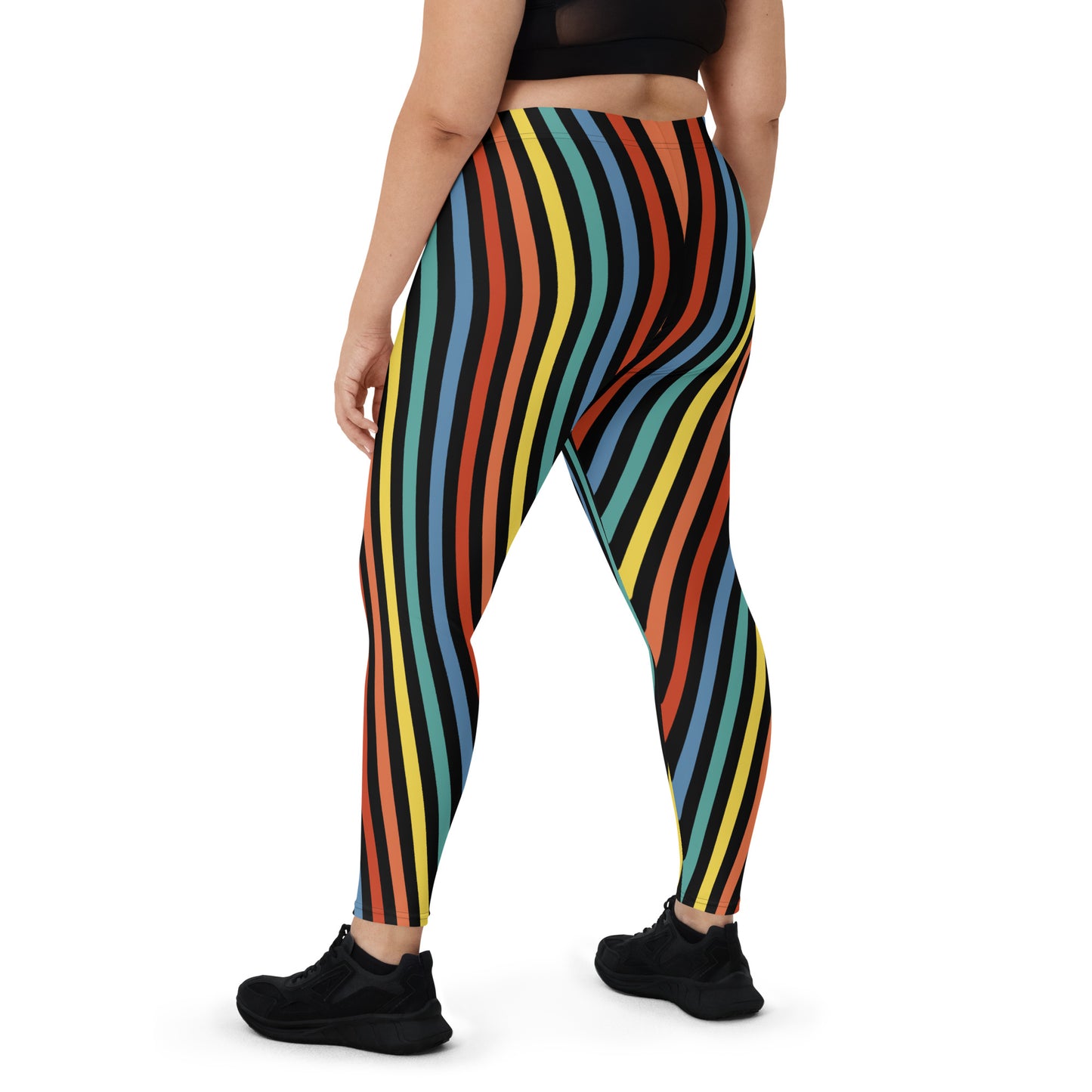 Festival Womens Leggings, Stripy Wrestling Style Performance Tights, Fashion Meggs, Rainbowcore Striped Pants, Rave Gear Clubbing Outfit. Rainbowcore stripy LGBT Gay Pride leggings. Retro style vertical stripes in stretchy compression fabric.