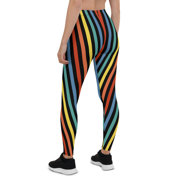 Festival Womens Leggings, Stripy Wrestling Style Performance Tights, Fashion Meggs, Rainbowcore Striped Pants, Rave Gear Clubbing Outfit. Rainbowcore stripy LGBT Gay Pride leggings. Retro style vertical stripes in stretchy compression fabric.