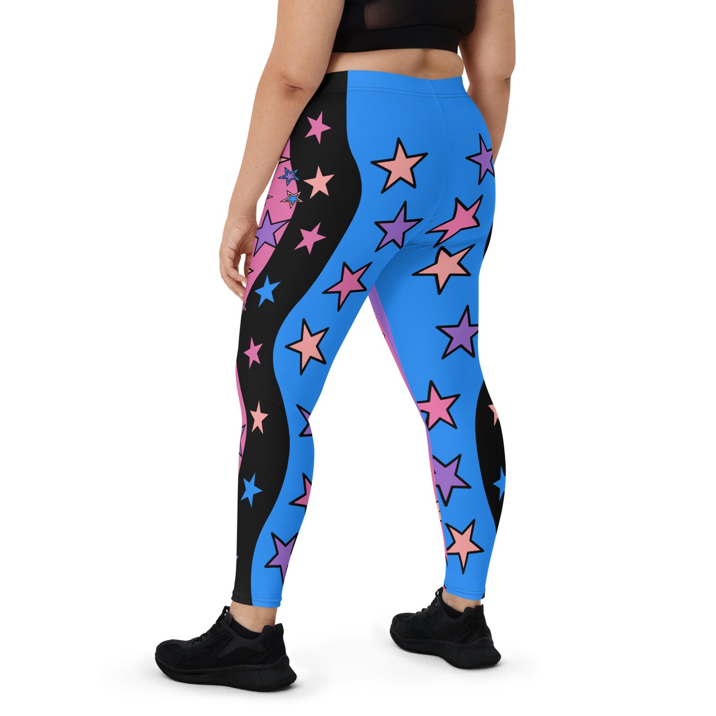 Womens Color Block Leggings, Spandex Long Tights, Pastel Wrestling Style Zigzag Patterned Meggings, Festival Rave Gear, EDC Clubbing Outfit, pilates, gym, fashion leggings. Pink, black, blue with stars, geometric shapes. Pastel punk, yami kawaii.