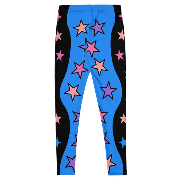 Womens Color Block Leggings, Spandex Long Tights, Pastel Wrestling Style Zigzag Patterned Meggings, Festival Rave Gear, EDC Clubbing Outfit, pilates, gym, fashion leggings. Pink, black, blue with stars, geometric shapes. Pastel punk, yami kawaii.