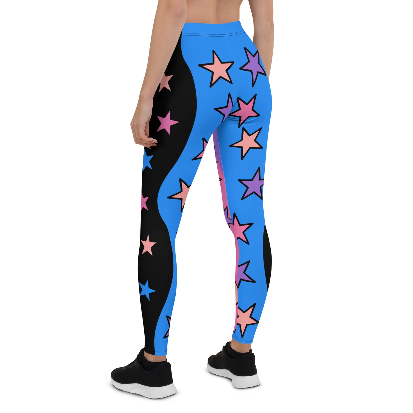 Womens Color Block Leggings, Spandex Long Tights, Pastel Wrestling Style Zigzag Patterned Meggings, Festival Rave Gear, EDC Clubbing Outfit, pilates, gym, fashion leggings. Pink, black, blue with stars, geometric shapes. Pastel punk, yami kawaii.