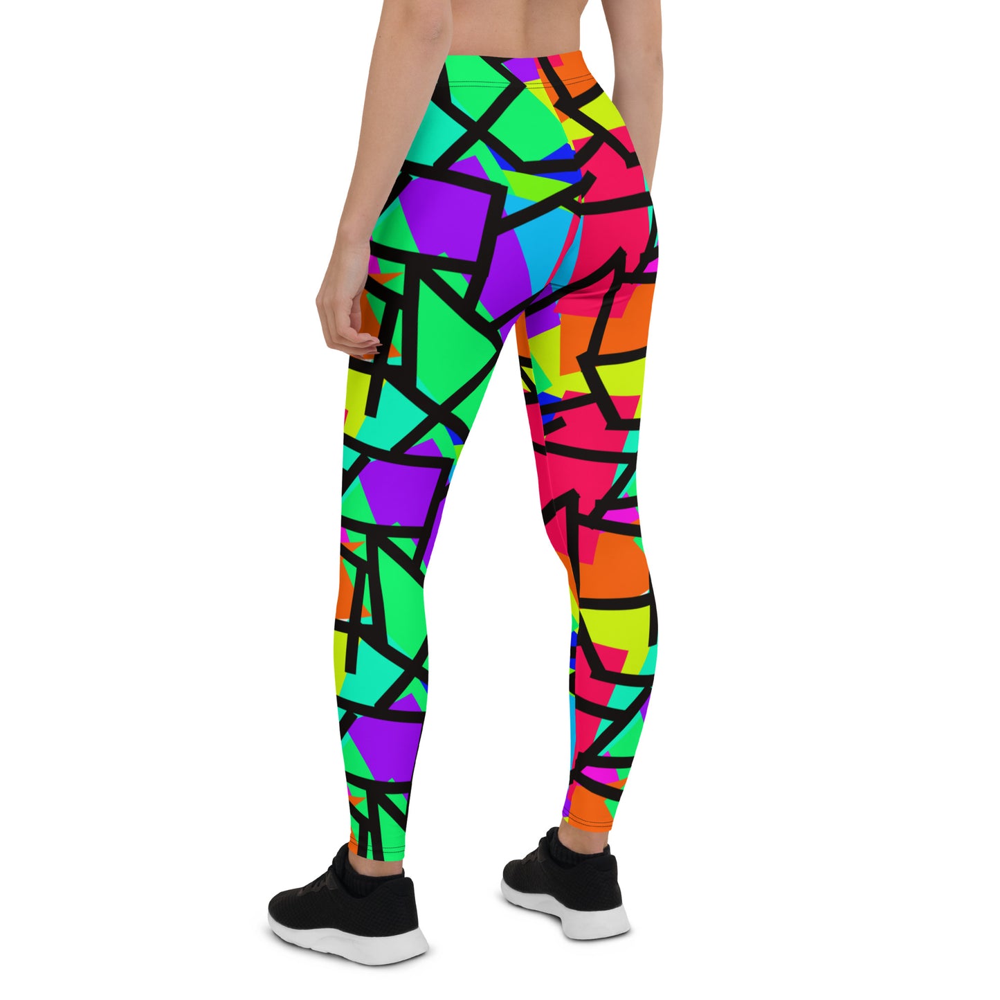 Harajuku Yume Kawaii fashion meggings or womens leggings in brightly coloured Pop Kei 80s Memphis design in red, orange, green, purple, yellow and turquoise geometric shapes and a black zigzag overlay on these neon funky running tights for women.