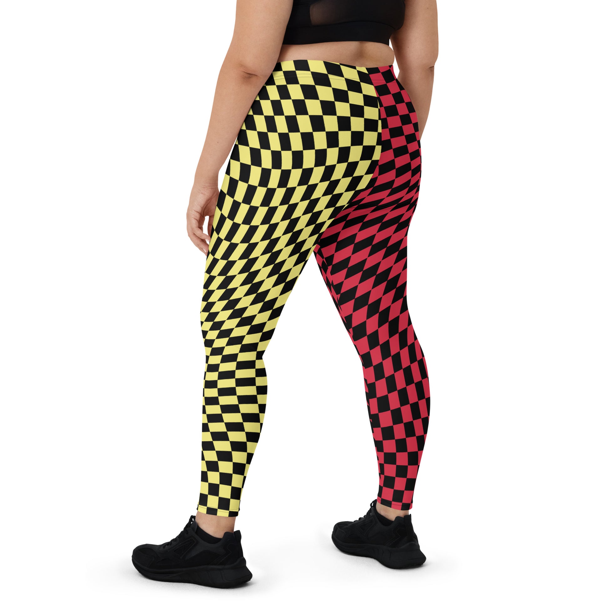 Womens Leggings Harlequin Checked Meggings 80s Wrestling Style Meggs Party Clubbing Costume Yoga Pilates Sports Leggings Halloween Ideas. Red, yellow, black leggings in houndstooth all-over pattern, Glitch design. Glitchcore fashion.