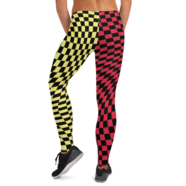Womens Leggings Harlequin Checked Meggings 80s Wrestling Style Meggs Party Clubbing Costume Yoga Pilates Sports Leggings Halloween Ideas. Red, yellow, black leggings in houndstooth all-over pattern, Glitch design. Glitchcore fashion.