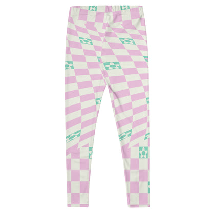 Danish pastel style leggings with a glitchcore aesthetic. Cream and pink warped geometric and abstract floral design with a mid-century modern vibe. Retro 50s style leggings from a 21st century take.