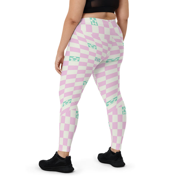 Danish pastel style leggings with a glitchcore aesthetic. Cream and pink warped geometric and abstract floral design with a mid-century modern vibe. Retro 50s style leggings from a 21st century take.