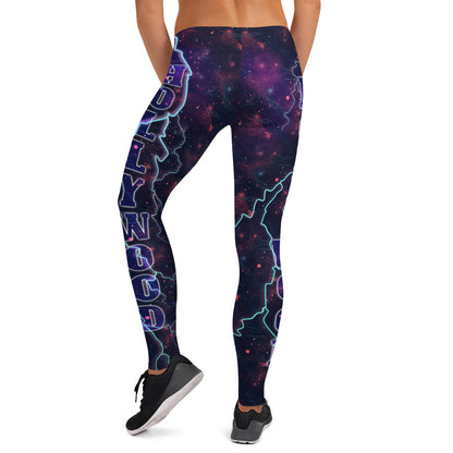 Leggings Pro Wrestling Fashion Meggings, Hollywood Lightning Workout Gym Rat Sport Pants, Vibrant Activewear Gear for Man, Dance Tights. Black celestial all-over planet with the slogan Hollywood down each leg, with lightning like retro 80s wrestler.