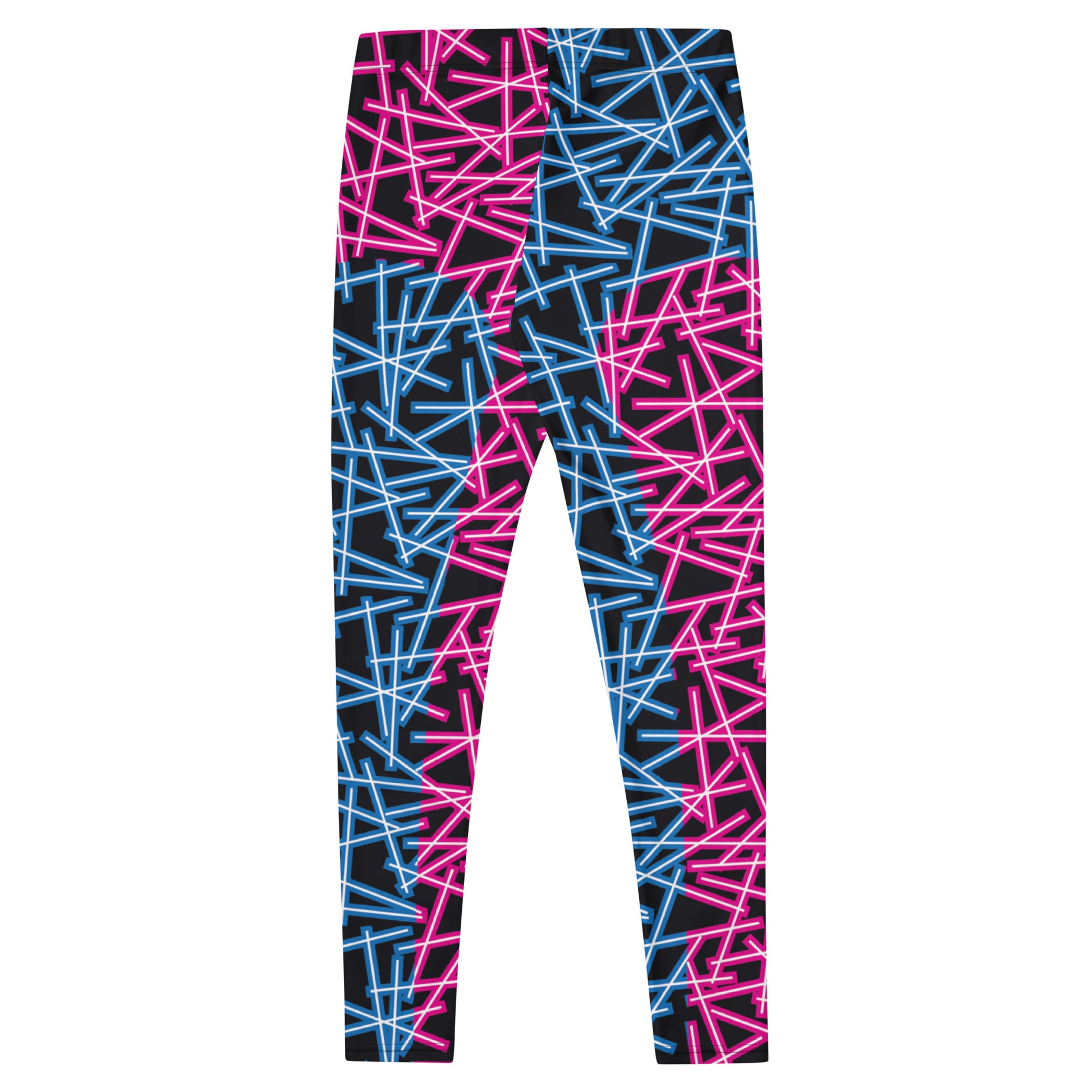 Neoncore style leggings for women with scattering pattern of neon stripes in blue and pink on these printed pro wrestling style tights. Mid rise elasticated waistband and ankle length legs in opposite colors with reverse insets.