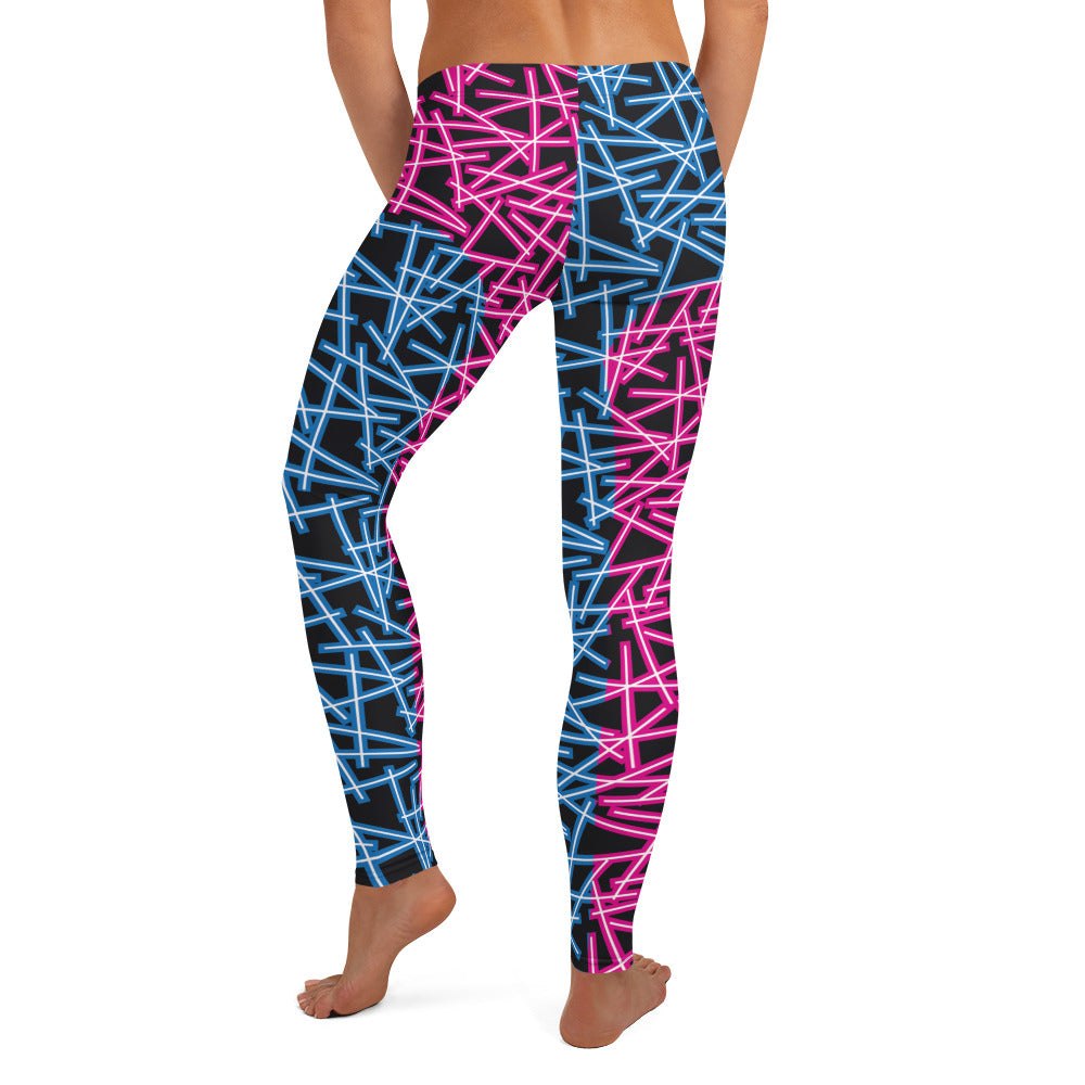 Neoncore style leggings for women with scattering pattern of neon stripes in blue and pink on these printed pro wrestling style tights. Mid rise elasticated waistband and ankle length legs in opposite colors with reverse insets.