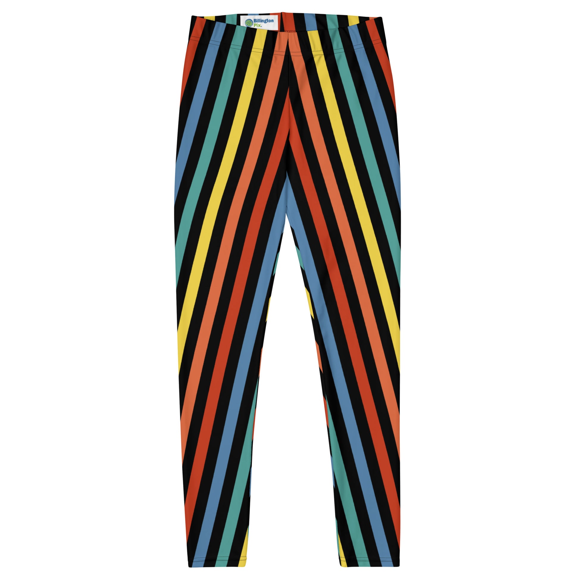 Festival Womens Leggings, Stripy Wrestling Style Performance Tights, Fashion Meggs, Rainbowcore Striped Pants, Rave Gear Clubbing Outfit. Rainbowcore stripy LGBT Gay Pride leggings. Retro style vertical stripes in stretchy compression fabric.