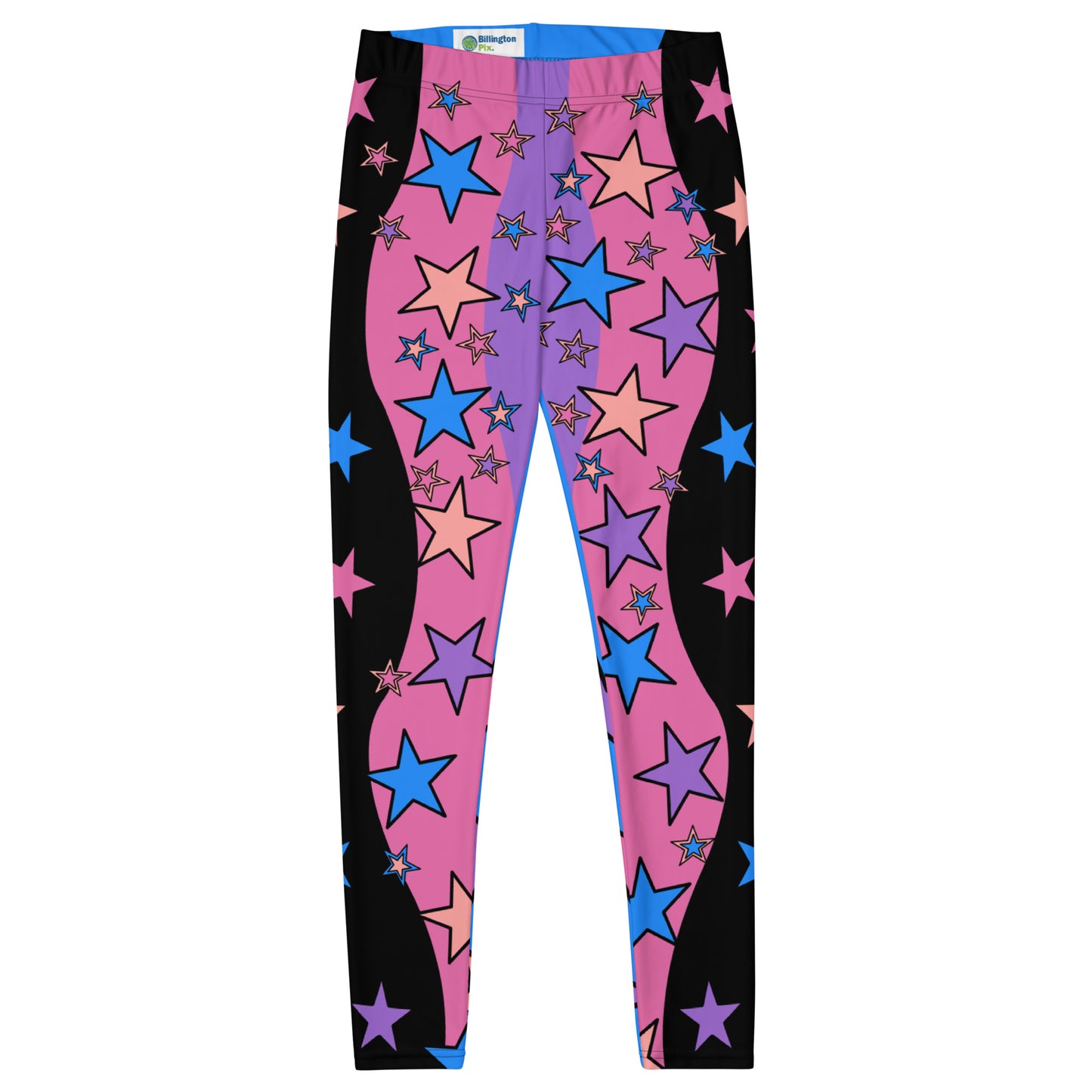 Womens Color Block Leggings, Spandex Long Tights, Pastel Wrestling Style Zigzag Patterned Meggings, Festival Rave Gear, EDC Clubbing Outfit, pilates, gym, fashion leggings. Pink, black, blue with stars, geometric shapes. Pastel punk, yami kawaii.