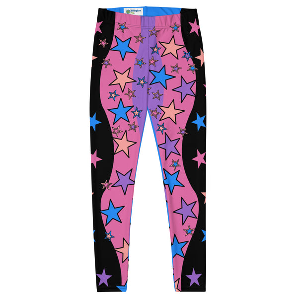 Womens Color Block Leggings, Spandex Long Tights, Pastel Wrestling Style Zigzag Patterned Meggings, Festival Rave Gear, EDC Clubbing Outfit, pilates, gym, fashion leggings. Pink, black, blue with stars, geometric shapes. Pastel punk, yami kawaii.