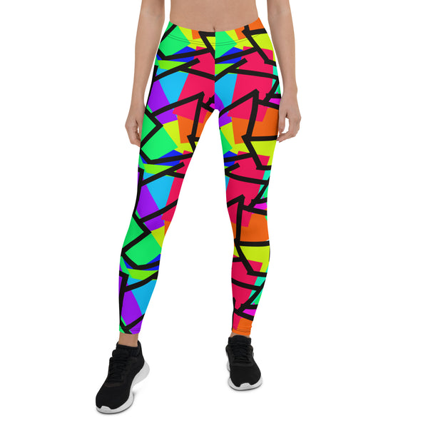 Harajuku Yume Kawaii fashion meggings or womens leggings in brightly coloured Pop Kei 80s Memphis design in red, orange, green, purple, yellow and turquoise geometric shapes and a black zigzag overlay on these neon funky running tights for women.