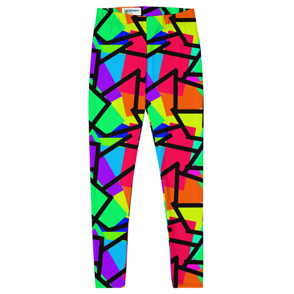 Harajuku Yume Kawaii fashion meggings or womens leggings in brightly coloured Pop Kei 80s Memphis design in red, orange, green, purple, yellow and turquoise geometric shapes and a black zigzag overlay on these neon funky running tights for women.