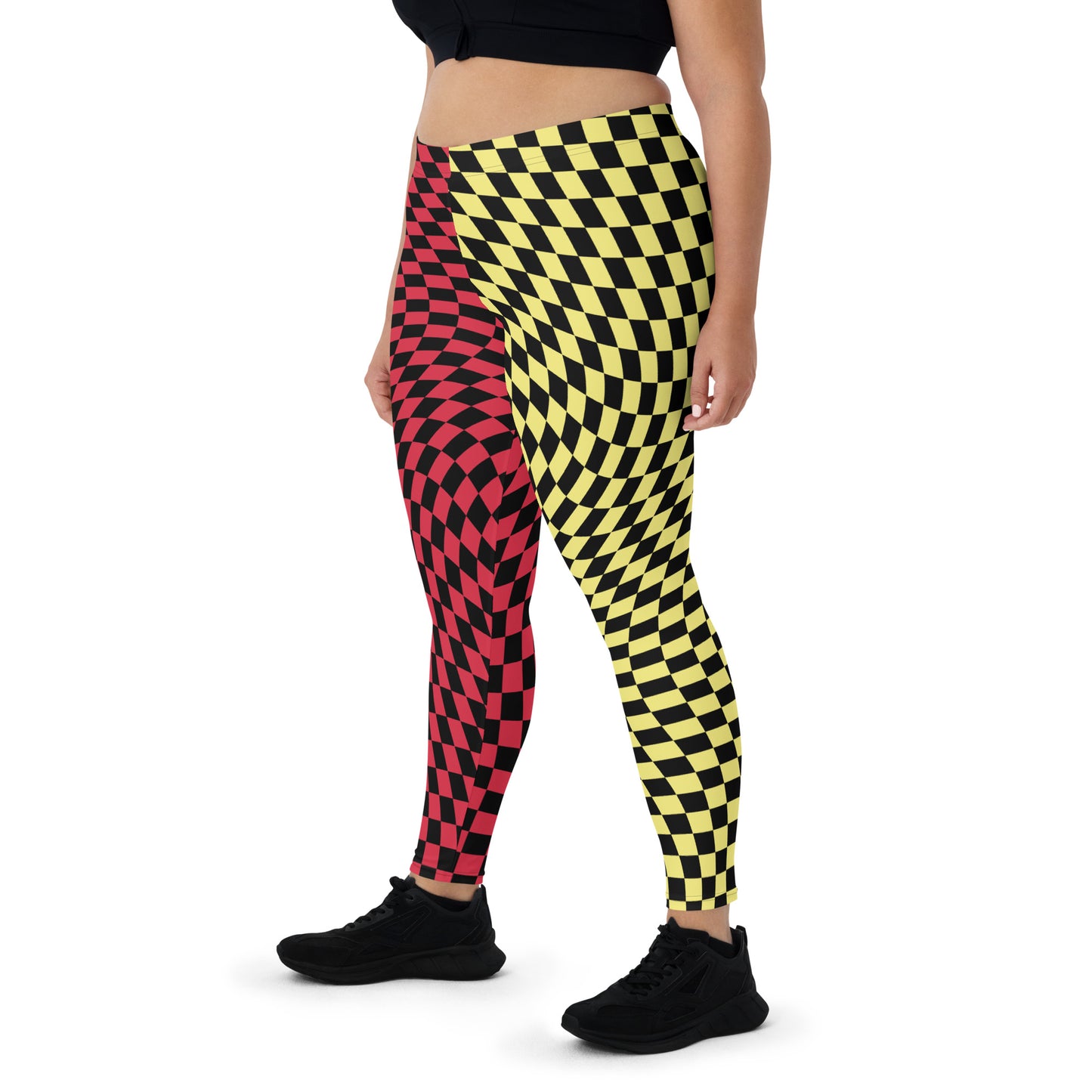 Womens Leggings Harlequin Checked Meggings 80s Wrestling Style Meggs Party Clubbing Costume Yoga Pilates Sports Leggings Halloween Ideas. Red, yellow, black leggings in houndstooth all-over pattern, Glitch design. Glitchcore fashion.