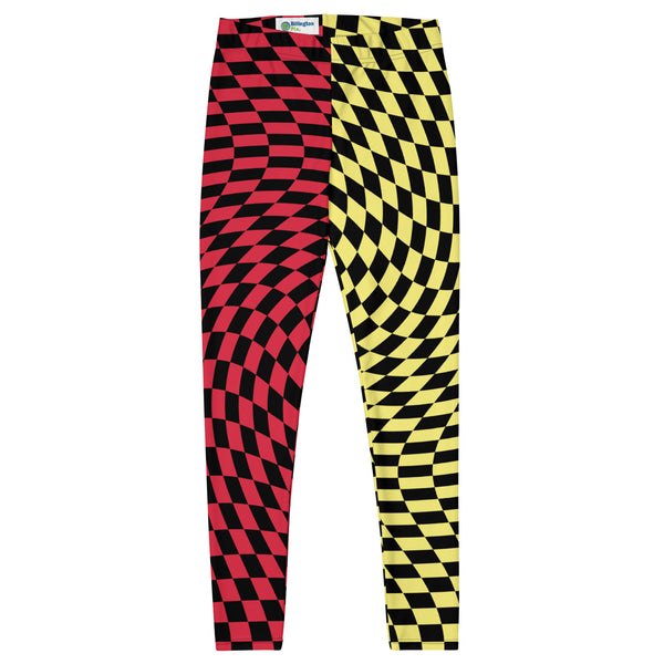 Womens Leggings Harlequin Checked Meggings 80s Wrestling Style Meggs Party Clubbing Costume Yoga Pilates Sports Leggings Halloween Ideas. Red, yellow, black leggings in houndstooth all-over pattern, Glitch design. Glitchcore fashion.
