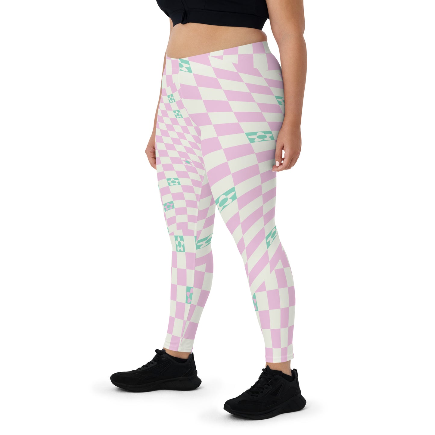 Danish pastel style leggings with a glitchcore aesthetic. Cream and pink warped geometric and abstract floral design with a mid-century modern vibe. Retro 50s style leggings from a 21st century take.