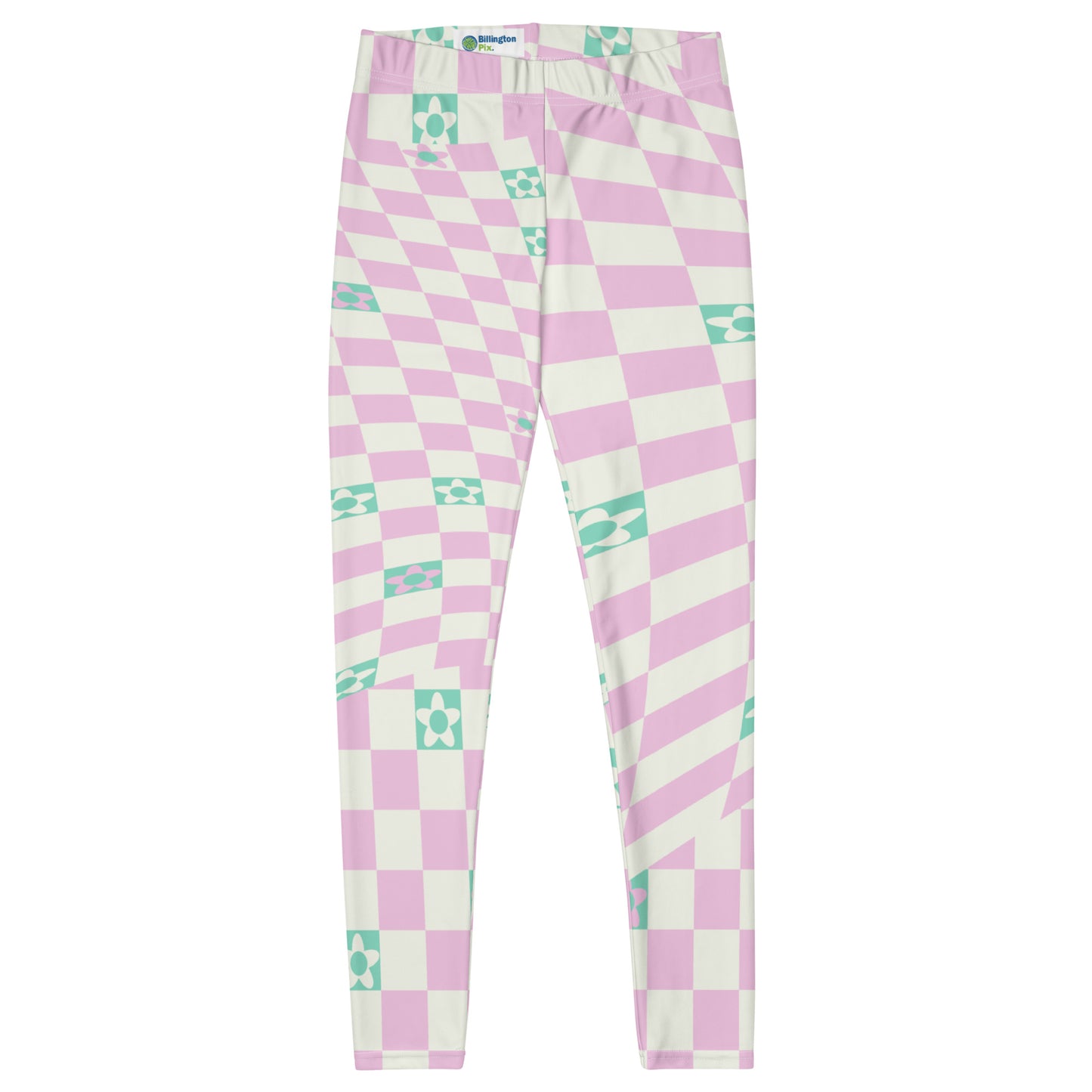 Danish pastel style leggings with a glitchcore aesthetic. Cream and pink warped geometric and abstract floral design with a mid-century modern vibe. Retro 50s style leggings from a 21st century take.