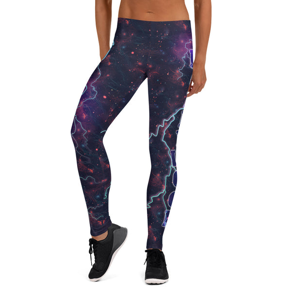 Leggings Pro Wrestling Fashion Meggings, Hollywood Lightning Workout Gym Rat Sport Pants, Vibrant Activewear Gear for Man, Dance Tights. Black celestial all-over planet with the slogan Hollywood down each leg, with lightning like retro 80s wrestler.