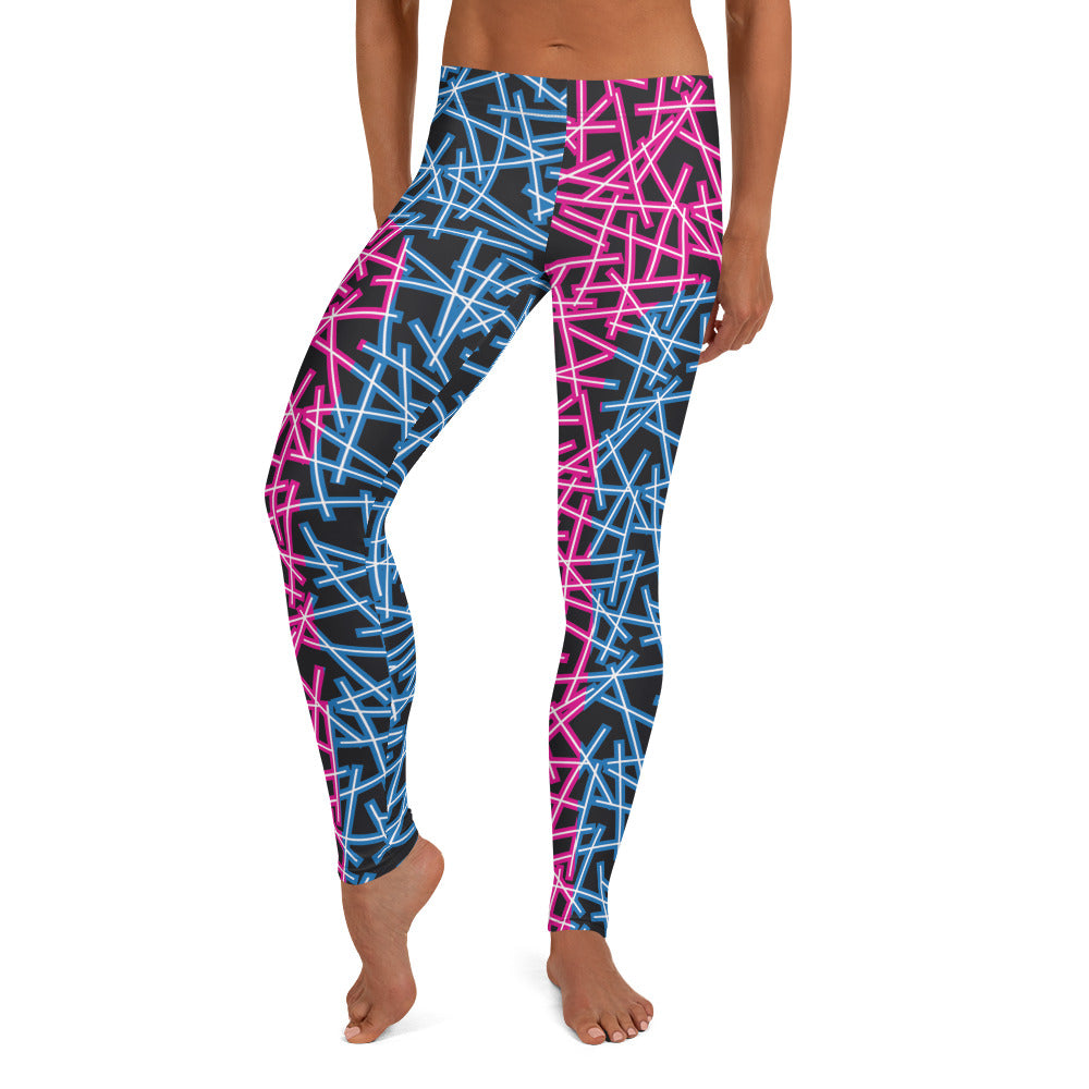 Neoncore style leggings for women with scattering pattern of neon stripes in blue and pink on these printed pro wrestling style tights. Mid rise elasticated waistband and ankle length legs in opposite colors with reverse insets.