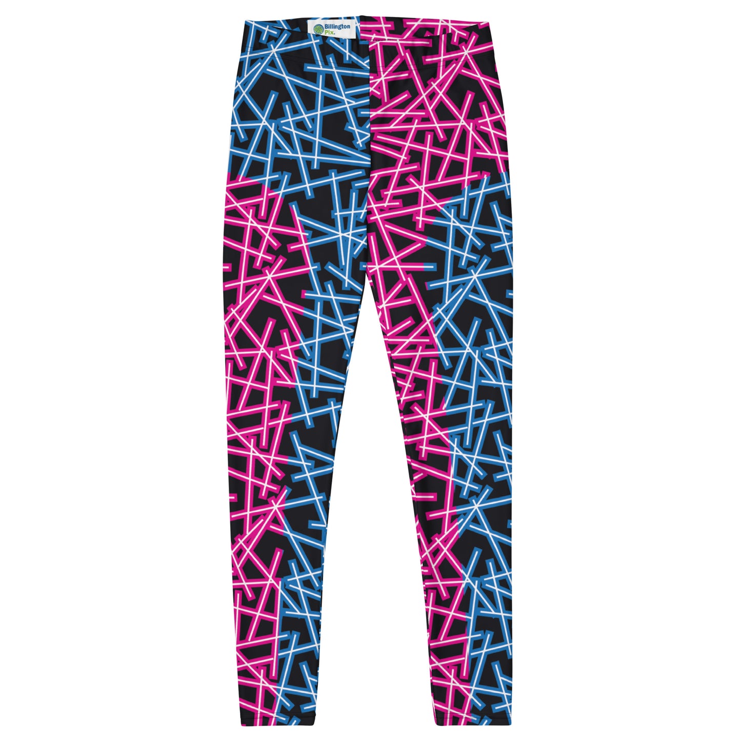 Neoncore style leggings for women with scattering pattern of neon stripes in blue and pink on these printed pro wrestling style tights. Mid rise elasticated waistband and ankle length legs in opposite colors with reverse insets.