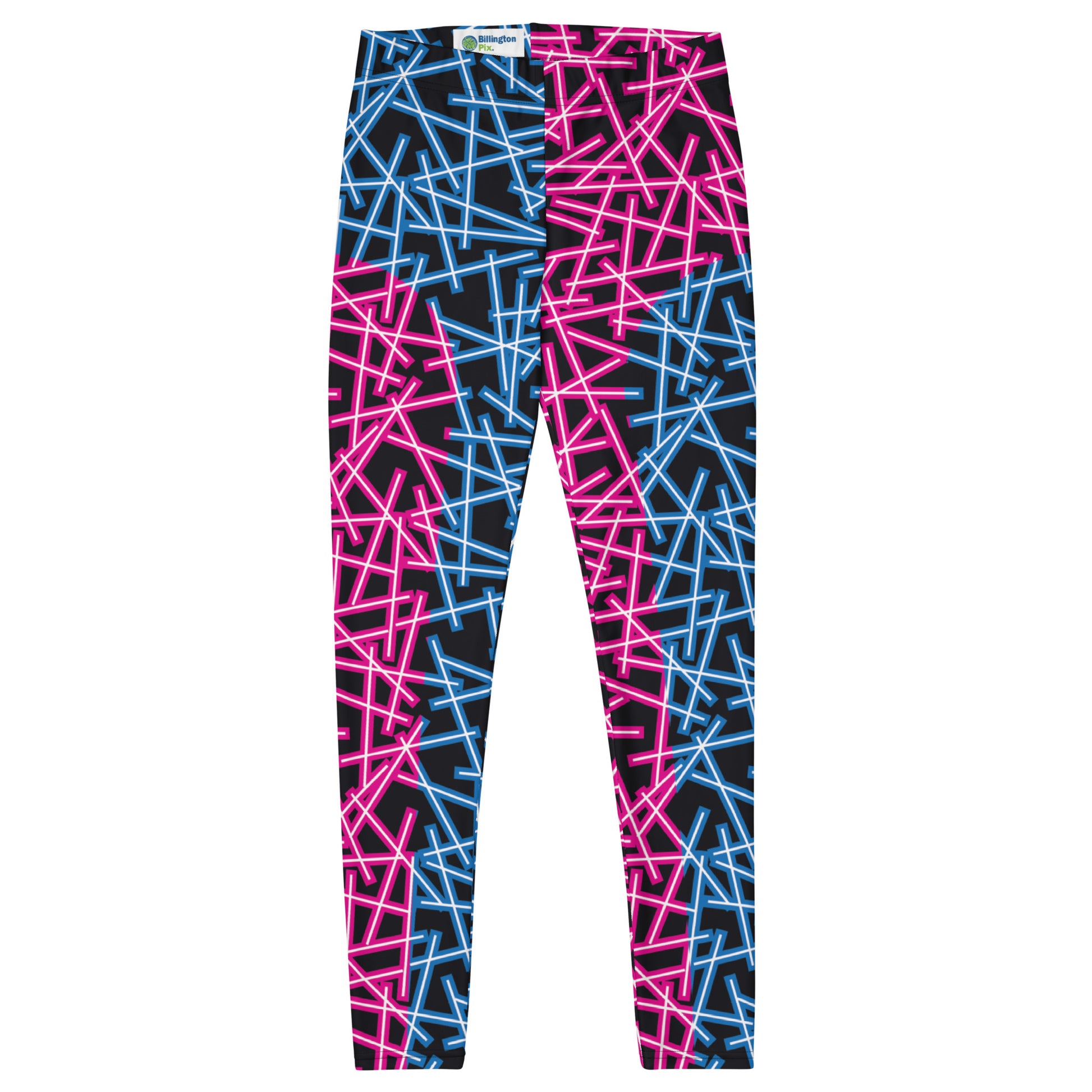 Neoncore style leggings for women with scattering pattern of neon stripes in blue and pink on these printed pro wrestling style tights. Mid rise elasticated waistband and ankle length legs in opposite colors with reverse insets.