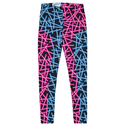 Neoncore style leggings for women with scattering pattern of neon stripes in blue and pink on these printed pro wrestling style tights. Mid rise elasticated waistband and ankle length legs in opposite colors with reverse insets.