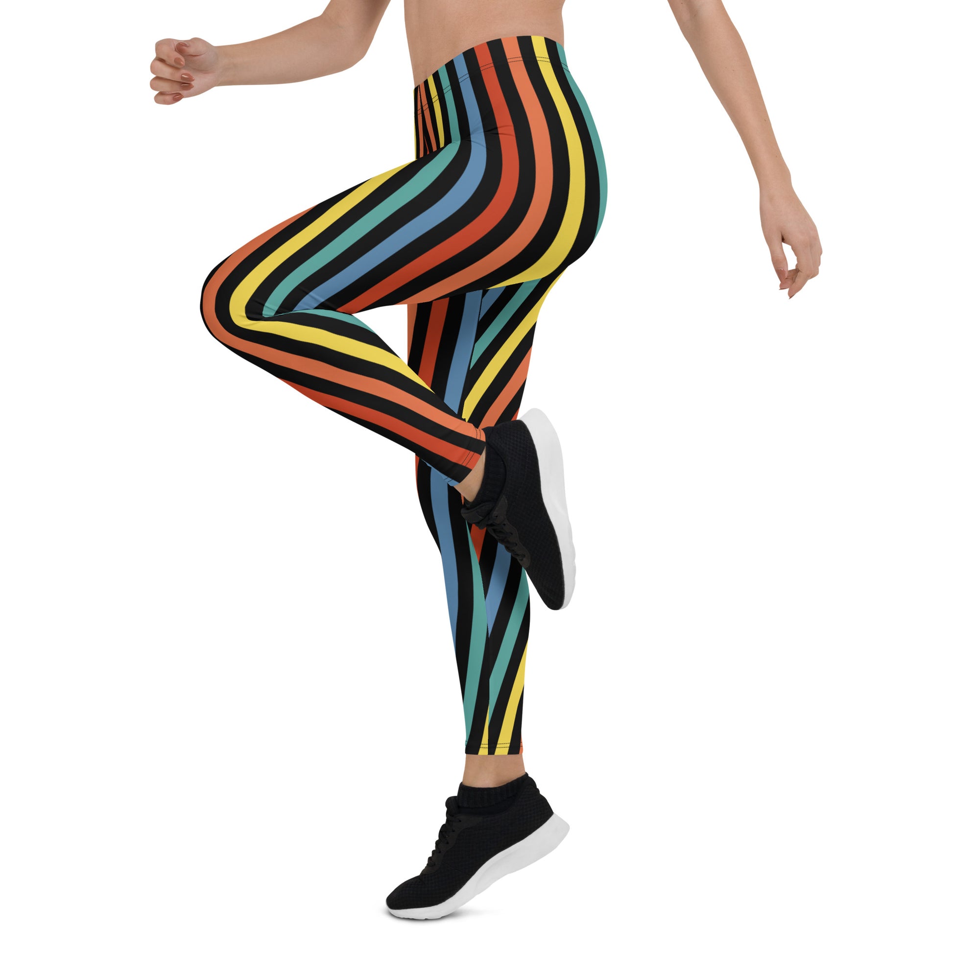 Festival Womens Leggings, Stripy Wrestling Style Performance Tights, Fashion Meggs, Rainbowcore Striped Pants, Rave Gear Clubbing Outfit. Rainbowcore stripy LGBT Gay Pride leggings. Retro style vertical stripes in stretchy compression fabric.