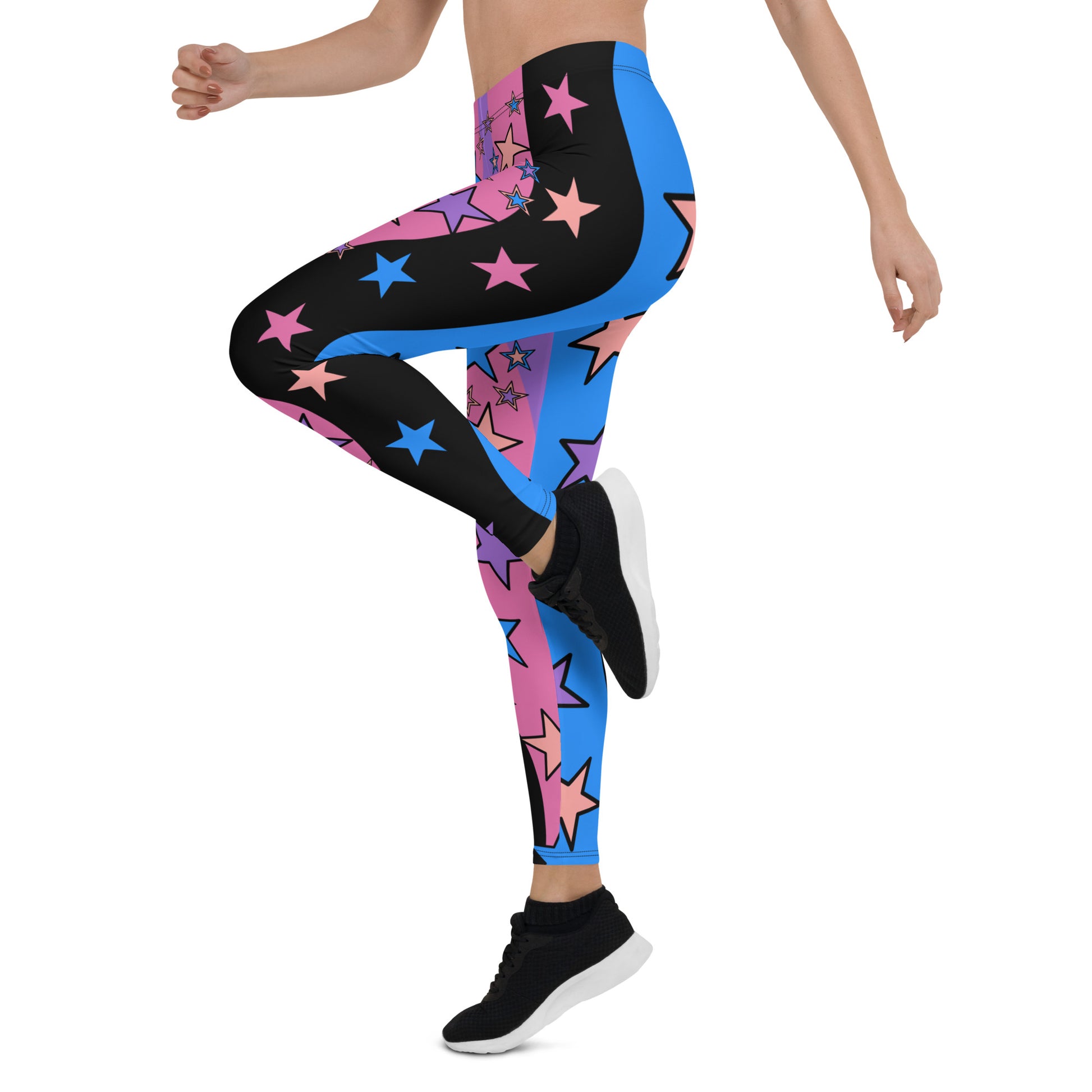 Womens Color Block Leggings, Spandex Long Tights, Pastel Wrestling Style Zigzag Patterned Meggings, Festival Rave Gear, EDC Clubbing Outfit, pilates, gym, fashion leggings. Pink, black, blue with stars, geometric shapes. Pastel punk, yami kawaii.