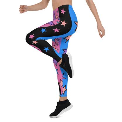 Womens Color Block Leggings, Spandex Long Tights, Pastel Wrestling Style Zigzag Patterned Meggings, Festival Rave Gear, EDC Clubbing Outfit, pilates, gym, fashion leggings. Pink, black, blue with stars, geometric shapes. Pastel punk, yami kawaii.