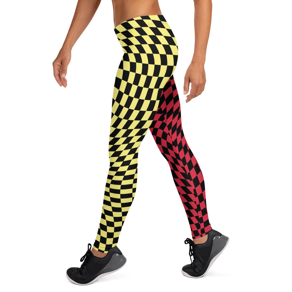 Womens Leggings Harlequin Checked Meggings 80s Wrestling Style Meggs Party Clubbing Costume Yoga Pilates Sports Leggings Halloween Ideas. Red, yellow, black leggings in houndstooth all-over pattern, Glitch design. Glitchcore fashion.