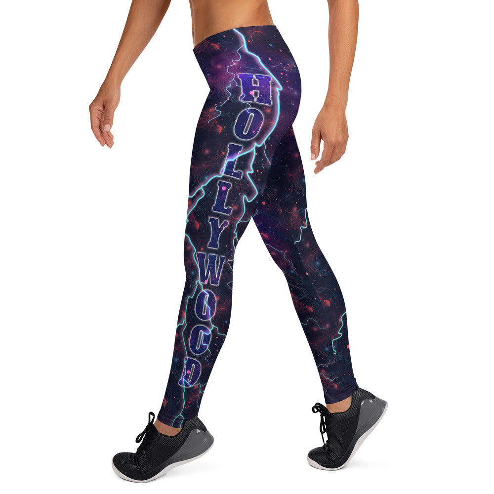 Leggings Pro Wrestling Fashion Meggings, Hollywood Lightning Workout Gym Rat Sport Pants, Vibrant Activewear Gear for Man, Dance Tights. Black celestial all-over planet with the slogan Hollywood down each leg, with lightning like retro 80s wrestler.