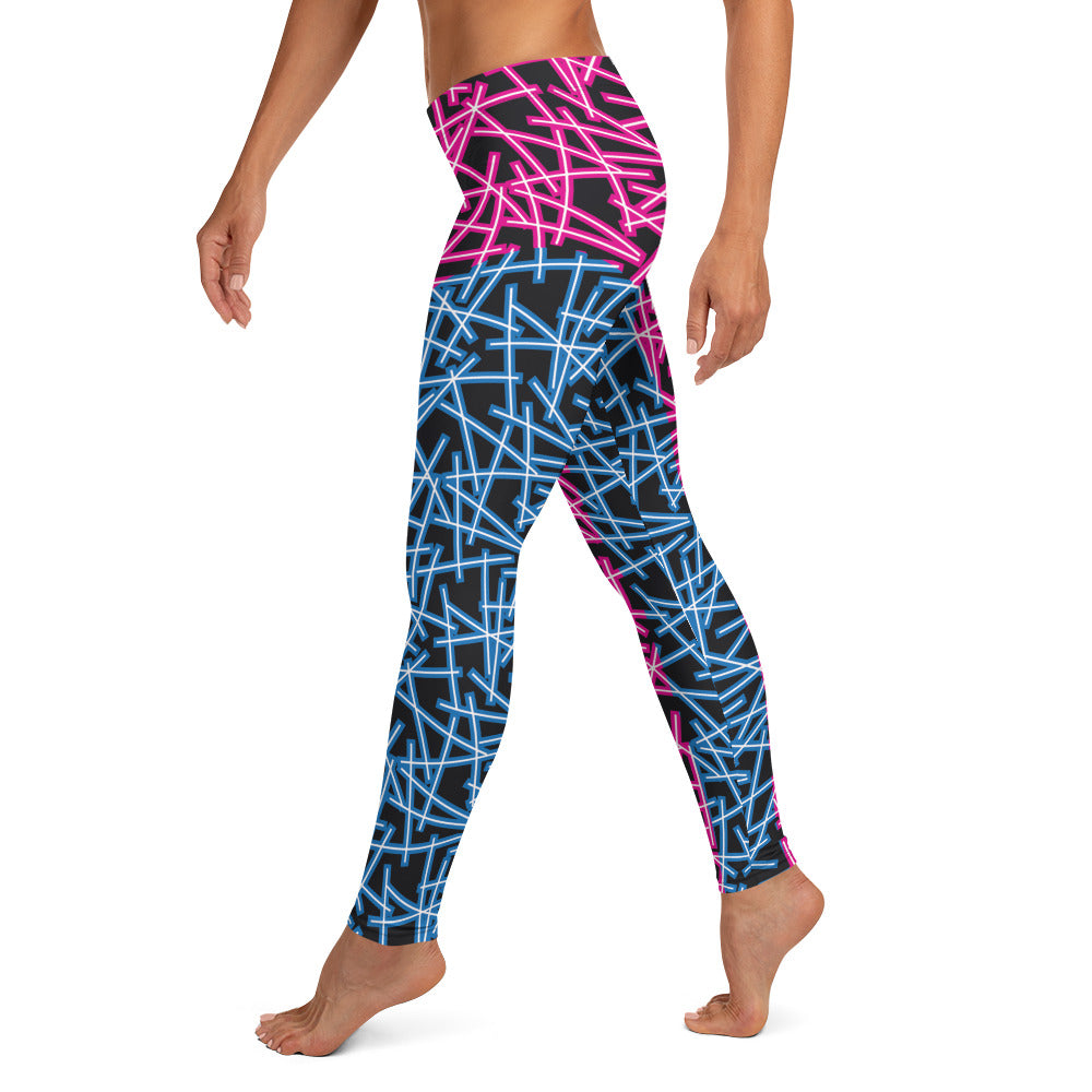 Neoncore style leggings for women with scattering pattern of neon stripes in blue and pink on these printed pro wrestling style tights. Mid rise elasticated waistband and ankle length legs in opposite colors with reverse insets.